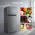Galanz 4.6. Cu ft Two Door Mini Refrigerator with Freezer, Stainless Steel, New, Width 19.13"