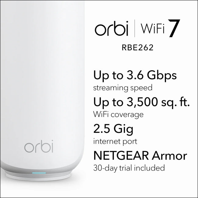 NETGEAR Orbi 260 Series Dual-band WiFi 7 Mesh Network System for Home (RBE262) – Wireless Router + 1 Extender, Security Features, 3.6 Gbps, Covers 3,500 sq. ft., 70 Devices, 2.5GB Internet Port