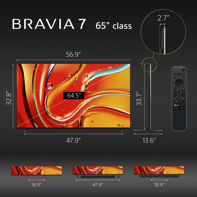 Sony 65” class BRAVIA 7 Mini LED QLED 4K HDR Smart Google TV K65XR70, 2024 Model
