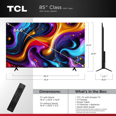 TCL 85" Q Series QLED 4K UHD HDR Smart Google TV (NEW 2025) - Dolby Vision, Dolby Atmos, Motion Rate 240, HDR 10+, Auto Game Mode - 85Q51K