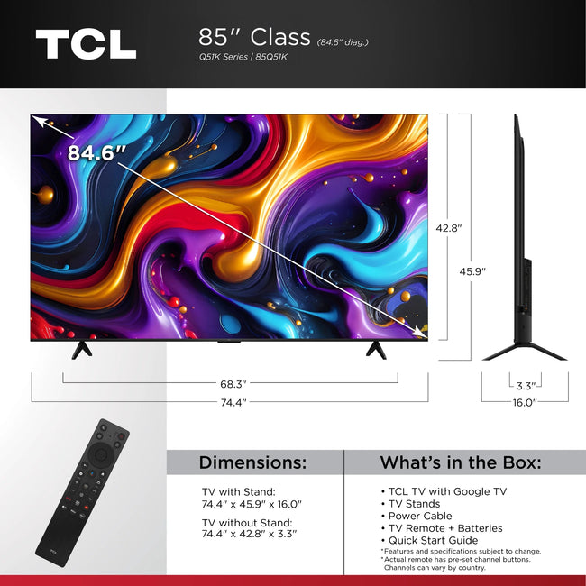 TCL 85" Q Series QLED 4K UHD HDR Smart Google TV (NEW 2025) - Dolby Vision, Dolby Atmos, Motion Rate 240, HDR 10+, Auto Game Mode - 85Q51K