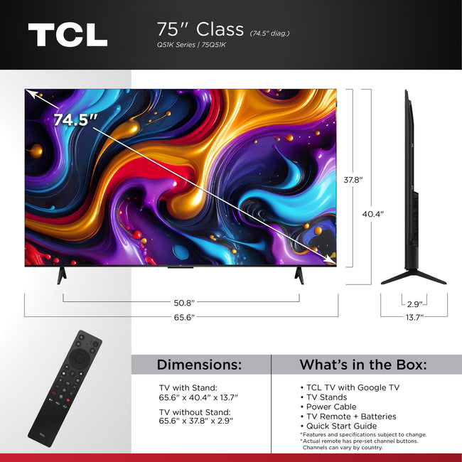 TCL 75" Q Series QLED 4K UHD HDR Smart Google TV (NEW 2025) - Dolby Vision, Dolby Atmos, Motion Rate 240, HDR 10+, Auto Game Mode - 75Q51K