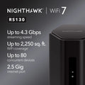 NETGEAR Nighthawk Dual-Band WiFi 7 Router (RS130) – Security Features, BE4300 Wireless Speed (up to 4.3 Gbps) – Covers up to 2,250 sq. ft., 80 Devices - 2.5 Gig Internet Port