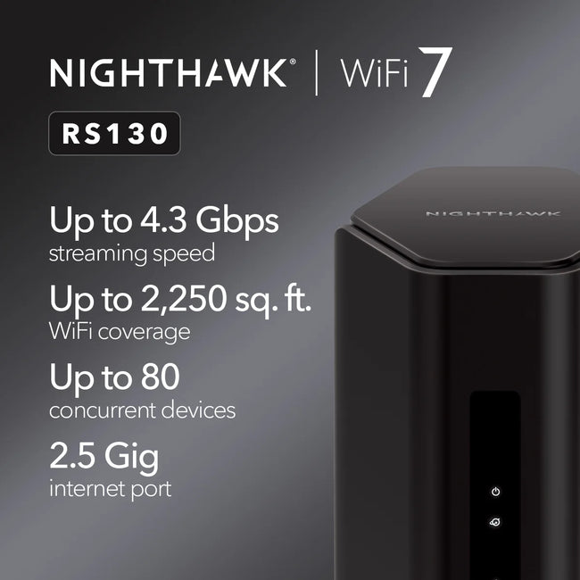 NETGEAR Nighthawk Dual-Band WiFi 7 Router (RS130) – Security Features, BE4300 Wireless Speed (up to 4.3 Gbps) – Covers up to 2,250 sq. ft., 80 Devices - 2.5 Gig Internet Port