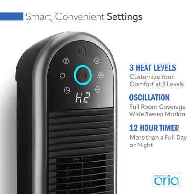Lasko 22" Smart Tower Heater Powered by Aria, WiFi, Works with Alexa, Google, Black, AR122