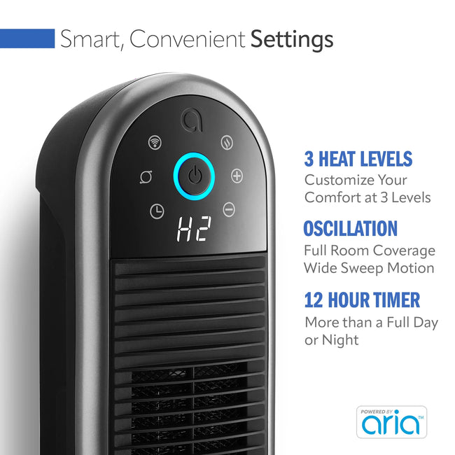 Lasko 22" Smart Tower Heater Powered by Aria, WiFi, Works with Alexa, Google, Black, AR122