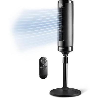 Lasko Elevation Adjustable Tower Fan 42”-54”, Pedestal Fan, 31 ft/s Airflow, Quiet 28 dB, 90° Oscillation, 12h Timer, Remote, Black, EST100
