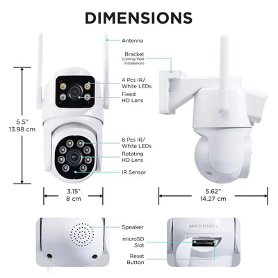 Merkury Smart Outdoor Camera 1080p - Dual Lens Pan-Tilt Security Cam, White (1-Pack)