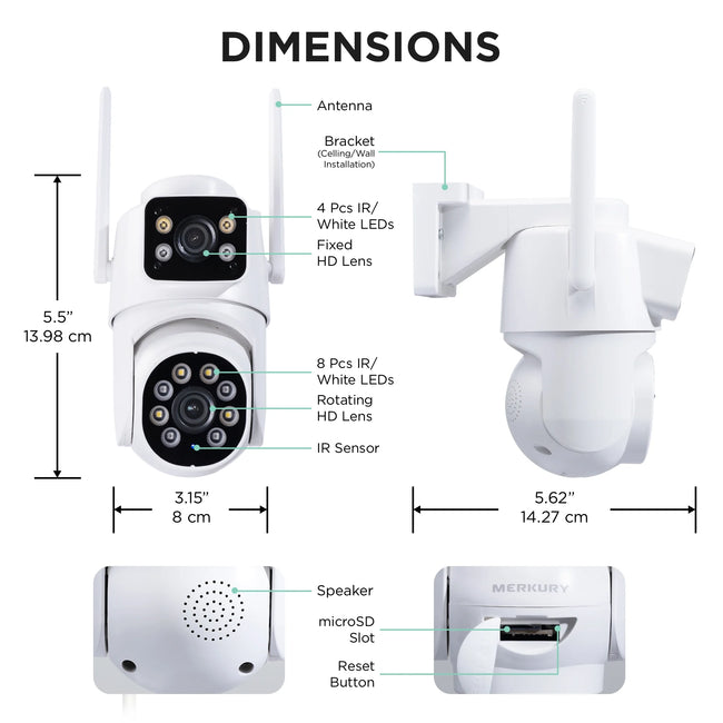 Merkury Smart Outdoor Camera 1080p - Dual Lens Pan-Tilt Security Cam, White (1-Pack)