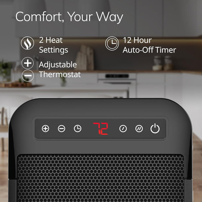 Lasko MyHeat Max Portable Ceramic Space Heater, Tip Over Switch, Overheat Protection, 2 Heat Settings, Adjustable Thermostat, Timer, for Indoor Use, Home, Office, 9 Inches, 1500W, Black, CD09101