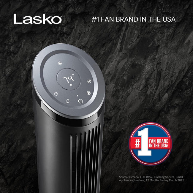 Lasko Ascend Tower Fan with Remote, 36" Floor Fans for Home Bedroom, 29 ft/s Airflow, 90° Oscillation, Air Filter, Black, OST100