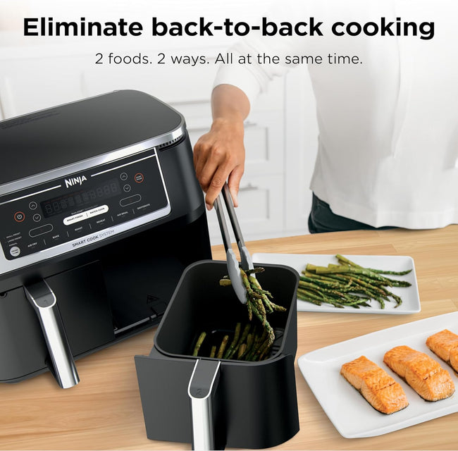 Ninja DZ550 Foodi 10 Quart 6-in-1 DualZone Smart XL Air Fryer with 2 Independent Baskets, Smart Cook Thermometer for Perfect Doneness, Match Cook & Smart Finish to Roast, Dehydrate & More, BLACK