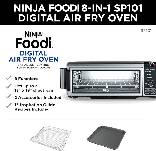 Ninja Digital Air Fryer & Toaster Oven | 8-in-1 Functionality | Flip-Up Design | XL Capacity | Air Fry Basket, Sheet Pan, Wire Rack & Crumb Tray | 1800 Watt | Silver | SP101