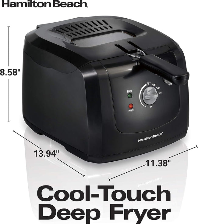 Hamilton Beach Cool Touch Electric Deep Fryer with Basket and Lid, 2 Liters / 8 Cups Oil Capacity, Adjustable Temperature, 1500 Watts for Fast Heat-up, viewing Window Easy to Clean, Black (35021)