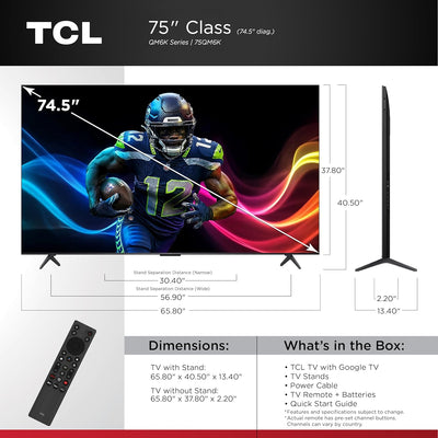 TCL 75 Inch Class QM6K Series | Mini LED QLED 4K HDR | 75QM6K, 2025 Model | 120HZ-144HZ High Brightness Smart Google TV Dolby Atmos Onkyo Audio | Voice Remote Alexa Gaming Streaming Television