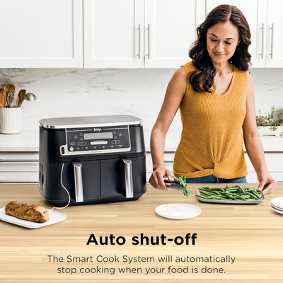 Ninja DZ550 Foodi 10 Quart 6-in-1 DualZone Smart XL Air Fryer with 2 Independent Baskets, Smart Cook Thermometer for Perfect Doneness, Match Cook & Smart Finish to Roast, Dehydrate & More, BLACK