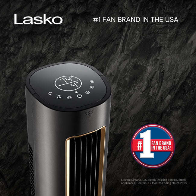 Lasko Pinnacle 40” Tower Fans for Home, 32 ft/s Airflow, Quiet 24dB, 90° Oscillation, Standing Fan for Bedroom with 24 Hour Timer, DC Motor, Air Filter for Hair & Dust, Night Light, Remote, DST100