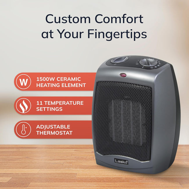 Lasko Portable Indoor Electric Ceramic Space Heater with Tip-Over Safety Switch, Overheat Protection and Thermostat, 2 Speeds, Safe for Home, 9.2 Inches, Dark Gray, 1500W, 754201