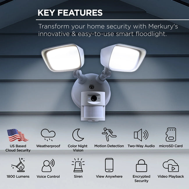 Merkury Floodlight Camera, Smart Wi-Fi, 1800 Lumens, Motion Alerts, (1-Pack)