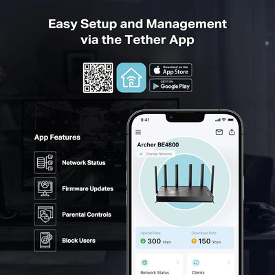 TP-Link Dual-Band BE4800 Wi-Fi 7 Router, Dual 2.5 Gbps Ports, USB 3.0 ,4× External Antennas, Parental Controls, Easy Mesh, HomeShield, Private IoT Network - Archer BE4800