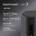 NETGEAR Nighthawk Dual-Band WiFi 7 Router (RS180) – Security Features, BE5500 Wireless Speed (up to 5.5 Gbps) – Covers up to 2,500 sq. ft., 80 Devices - 2.5 Gig Internet Port