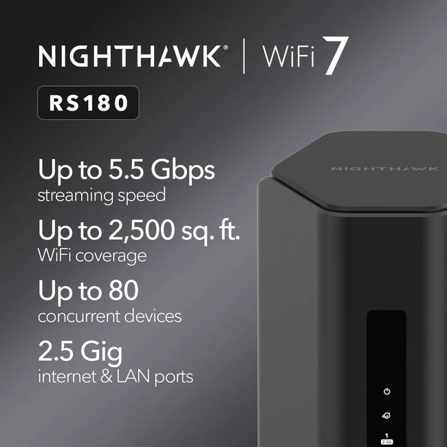 NETGEAR Nighthawk Dual-Band WiFi 7 Router (RS180) – Security Features, BE5500 Wireless Speed (up to 5.5 Gbps) – Covers up to 2,500 sq. ft., 80 Devices - 2.5 Gig Internet Port