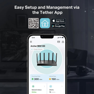 TP-Link Dual-Band BE6100 Wi-Fi 7 Router with dual 2.5Gbps Muti-Gig Connectivity, USB 3.0, 6x External Antennas with Beamforming, Parental Controls, and HomeShield. Archer BE6100.