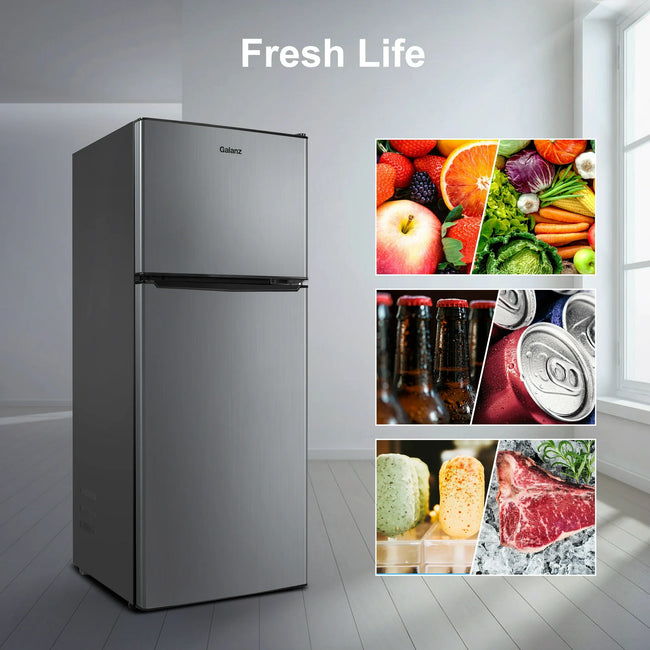 Galanz 4.6. Cu ft Two Door Mini Refrigerator with Freezer, Stainless Steel, New, Width 19.13"