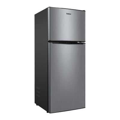 Galanz 4.6. Cu ft Two Door Mini Refrigerator with Freezer, Stainless Steel, New, Width 19.13"