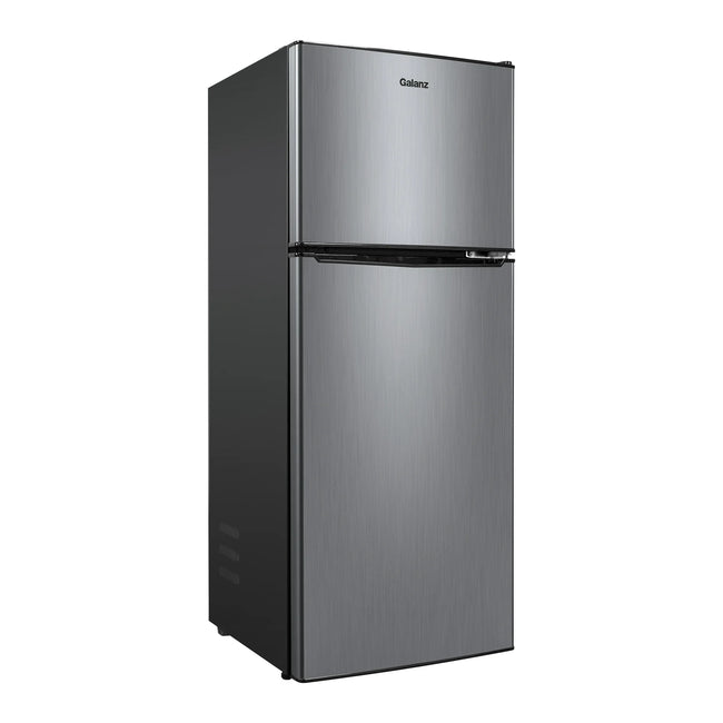 Galanz 4.6. Cu ft Two Door Mini Refrigerator with Freezer, Stainless Steel, New, Width 19.13"