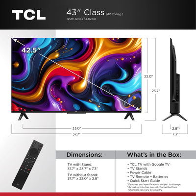 TCL 43" Q Series QLED 4K UHD HDR Smart Google TV (NEW 2025) - Dolby Vision, Dolby Atmos, Motion Rate 240, HDR 10+, Auto Game Mode - 43Q51K