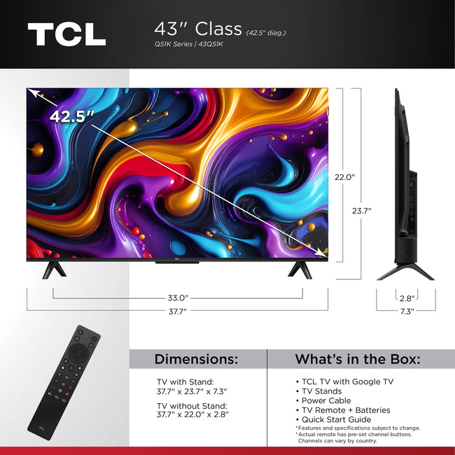 TCL 43" Q Series QLED 4K UHD HDR Smart Google TV (NEW 2025) - Dolby Vision, Dolby Atmos, Motion Rate 240, HDR 10+, Auto Game Mode - 43Q51K