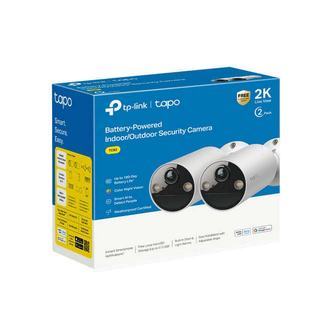 TP-Link Tapo Wireless Indoor/Outdoor 2K Security Camera, Waterproof, Rechargeable, Battery-Powered, Install Anywhere, Local or Cloud Storage - Subscription not Required, Two-Way Audio - TC82(2-pack)