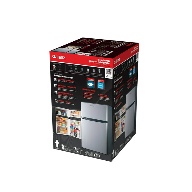 Galanz 3.1 Cu Ft Mini Fridge with Freezer – Stainless Steel, Energy Star, Two-Door Compact Refrigerator